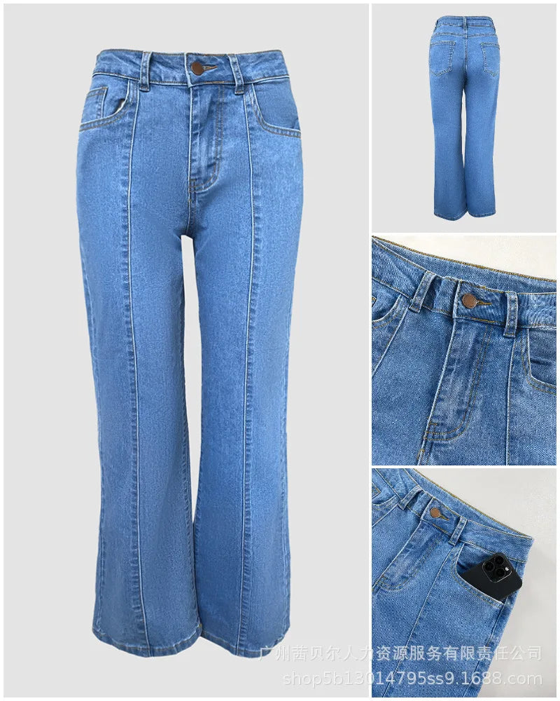 Women Spring Autumn Jeans Solid Color Button Wide Leg Pants High Waist Casual Fashion Comfortable Regular Standard Fit Trouser