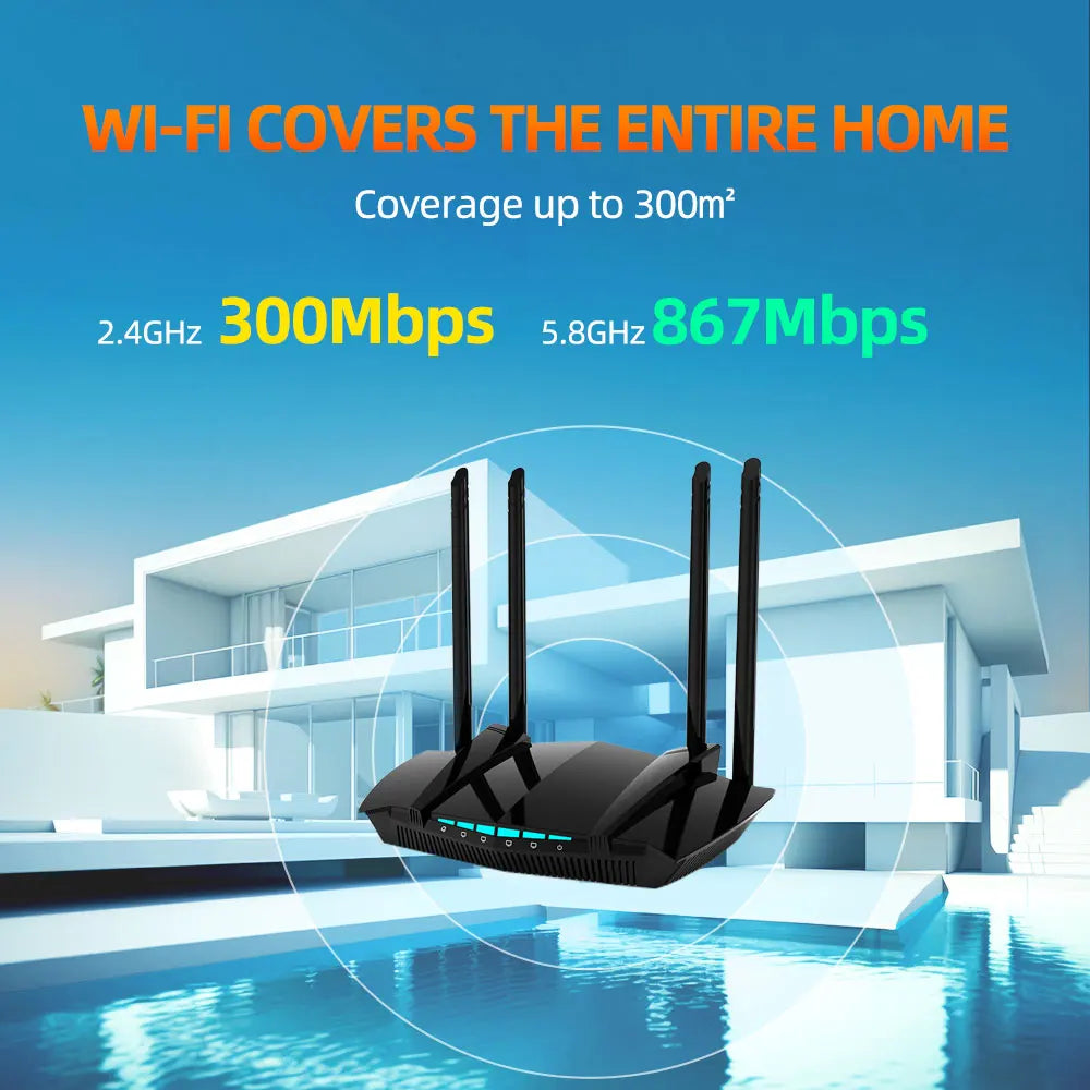 PIXLINK Wireless Router 1200Mbps Dual Band WiFi Repeater Signal Amplifier with 4 Gigabit Ports Smart Tech 5GSIM Penetration AC22