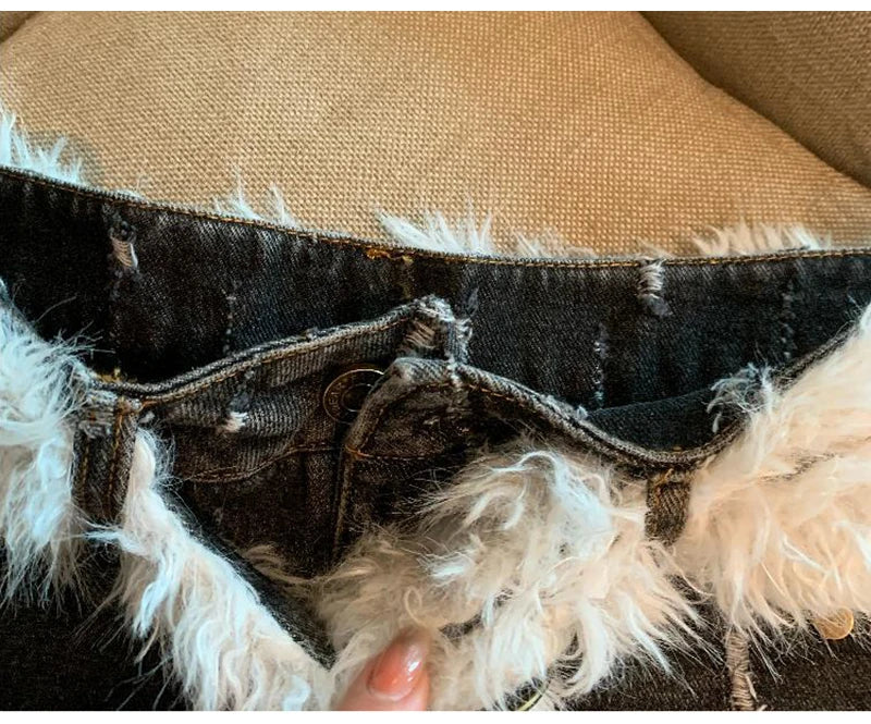 Belt Furry Denim Shorts Women 2024 New Fashion Loose Casual Pocket Sexy Shorts Denim Shorts Female Short Pants Zipper Jeans