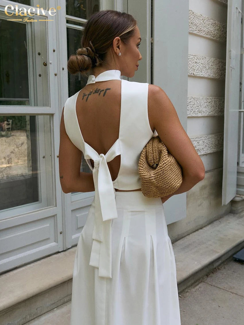 Clacive Summer Loose White 2 Piece Sets Woman Outfit 2025 Fashion Sleeveless Tank Top With High Waist Long Skirt Set Streetwear