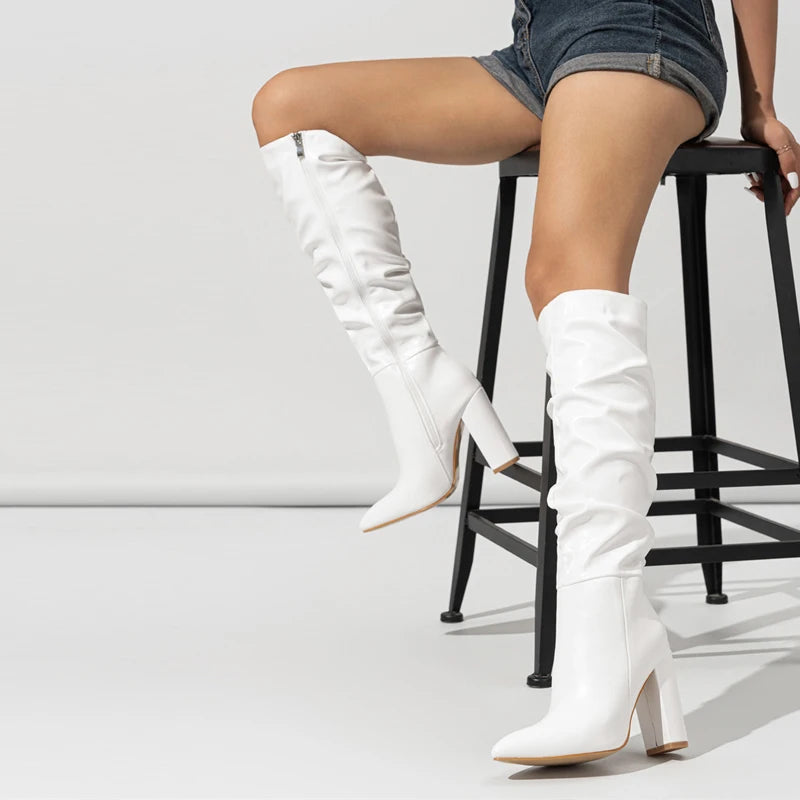 Liyke Winter Street Fashion Pleated Leather Pink Knee High Boots Women Sexy Long Zip Pointed Toe Square Heels Stripper Shoes