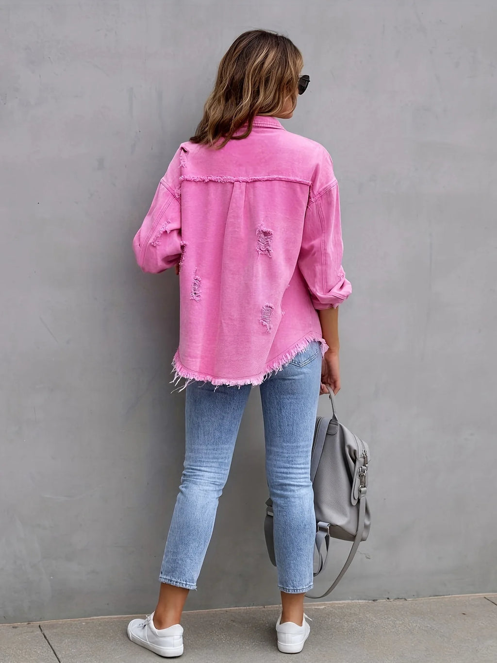 Women's Fashionable Solid Color Mid-Length Ripped Denim Jacket Long-Sleeved Spring Autumn Trend