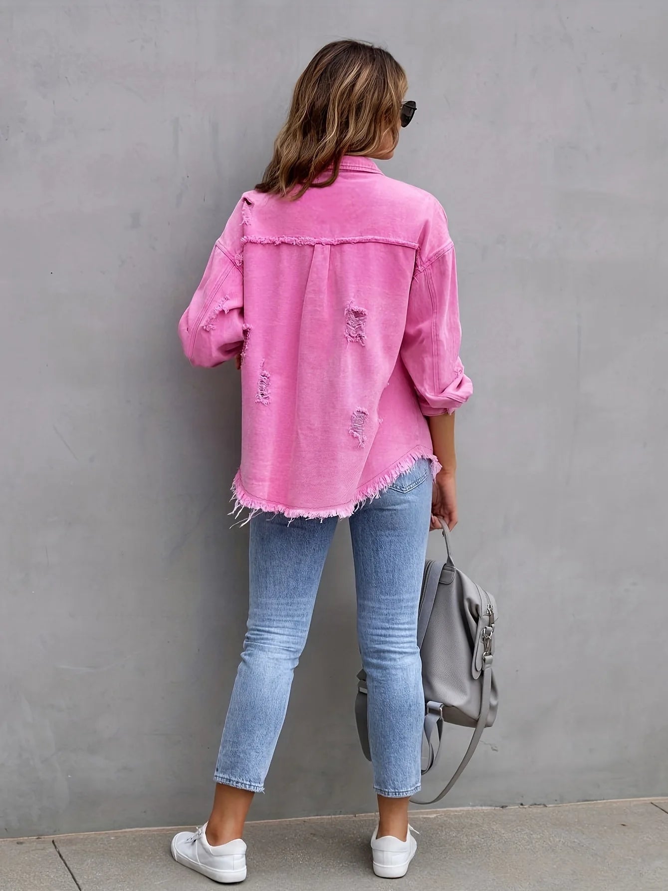Women's Fashionable Solid Color Mid-Length Ripped Denim Jacket Long-Sleeved Spring Autumn Trend