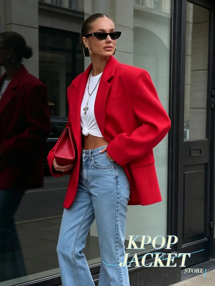 Women Solid Lapel Short Blazer Jackets Fashion Long Sleeve Single Button Loose Fited Suit Coat 2026 Autumn Daily Street Outwear