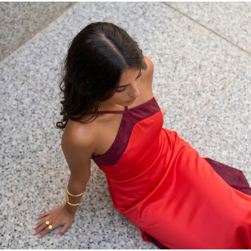  Women Sexy Color Blocking Halter Maxi Dresses Elegant Backless Off shoulder Sleeveless Slim Gowns 2026 New Lady Party Vestidos