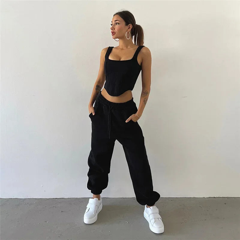 Y2K Sexy Sportswear Women's 3 Piece Set Long Sleeved Hooded Cardigan+slim Fit Strapless Vest+straight Leg Wide Pants
