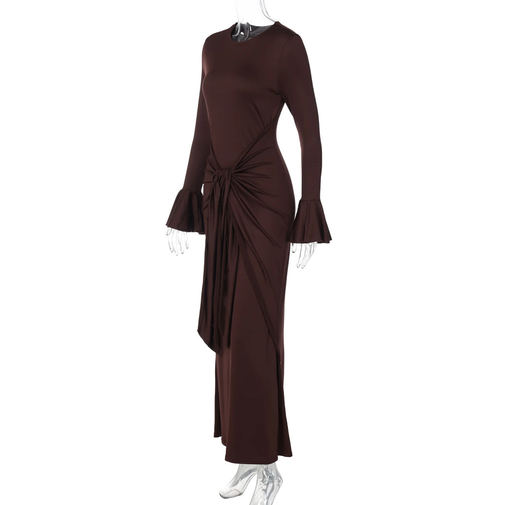 Dulzura O-Neck Long Flare Sleeve Ruched Lace Up Slim Long Dress Women'S Fashion Elegant Clothes Party Club Street Autumn Outfit