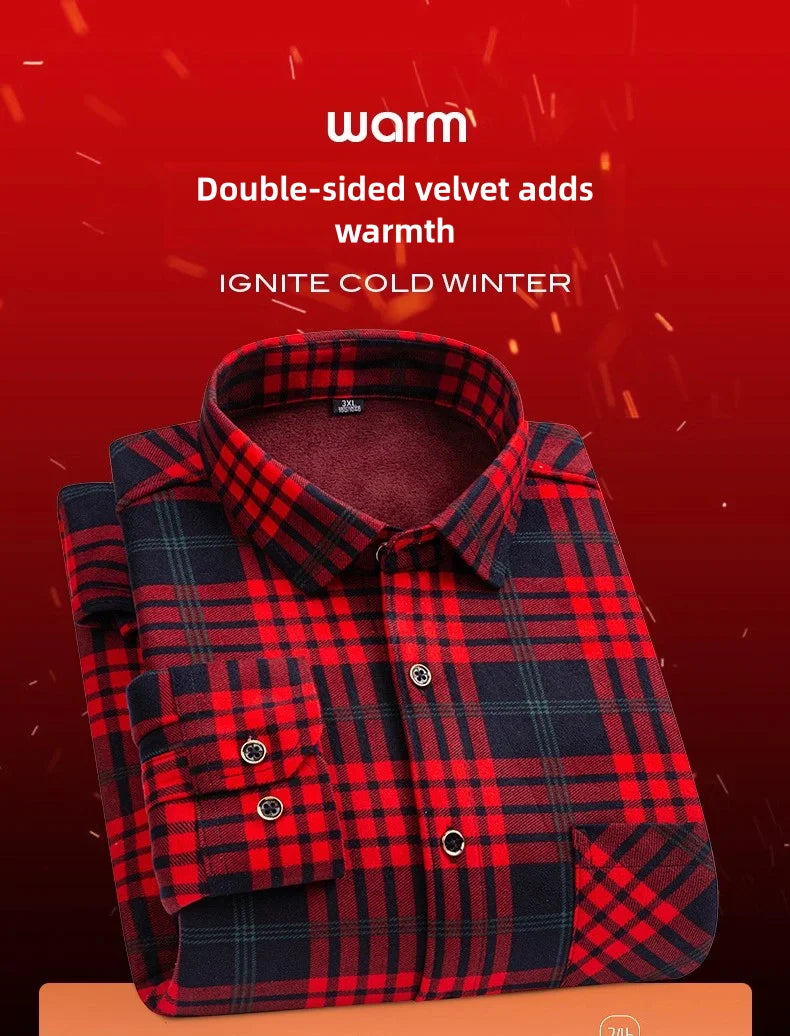 Men's Long Sleeved Shirt With Fleece Lined Winter Thickened Flannel Casual Plaid Stripe Daily Slim Man Clothes Plus Size 8XL 7XL