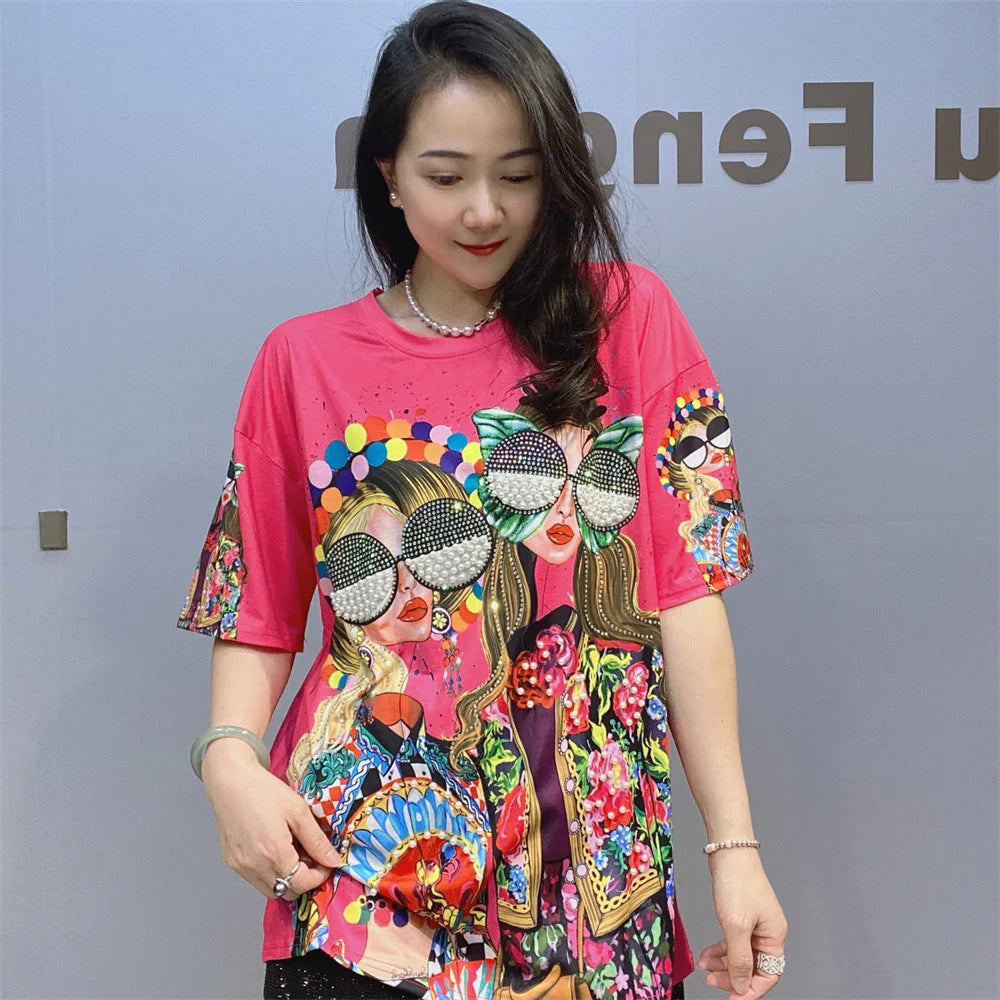 Colorful Fashion Printed T Shirts Women Summer Clothes Casual Character Diamonds Beading Short Sleeve Tops Tee Женская Одежда