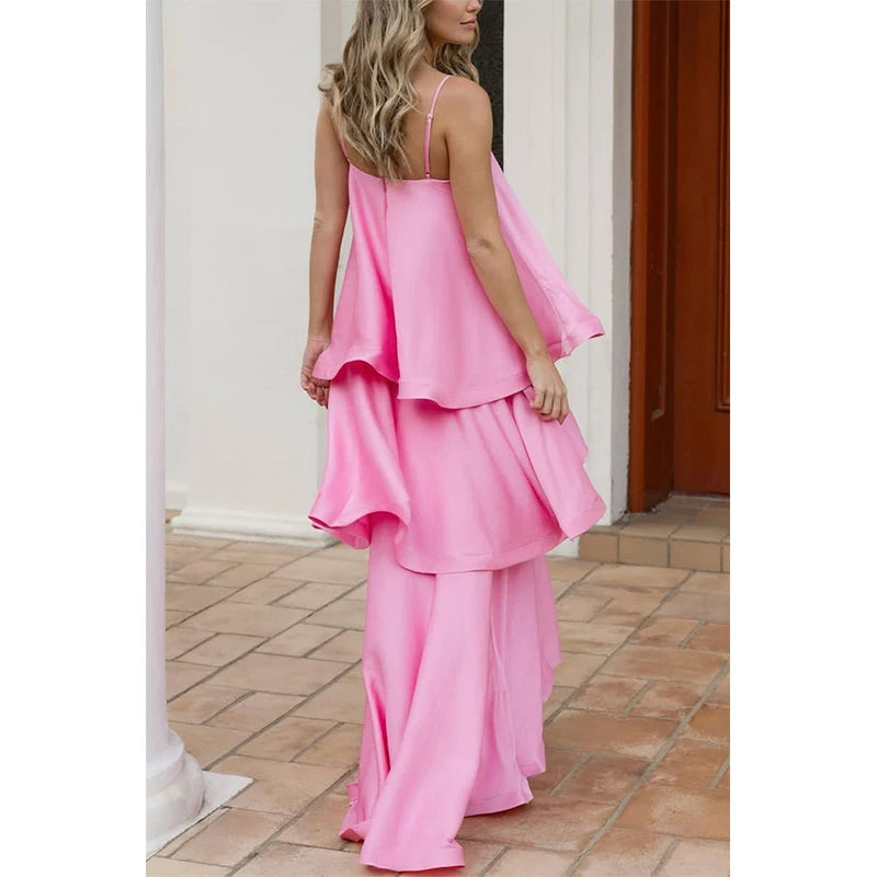 Chic Multicolored Pleated Women Maxi Dress Elegant Spaghetti Strap Ruffle Tiered Flowy Vestidos 2026 Summer Lady Vacation Outfit