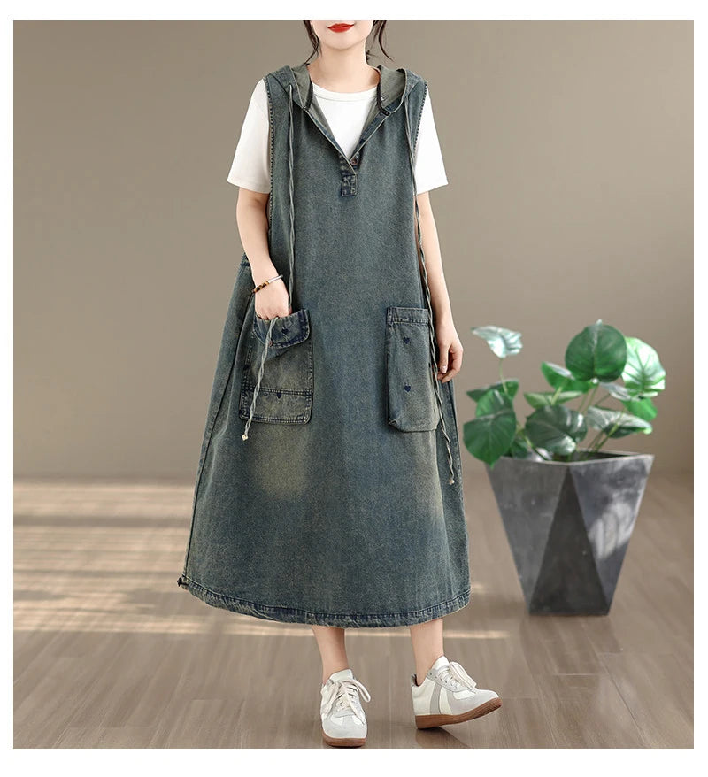 Original Denim Suspender Dres for Women Summer Fashion Vintage Big Pocket Mid-long Frocks Female Hip Hop Baggy Streetwear