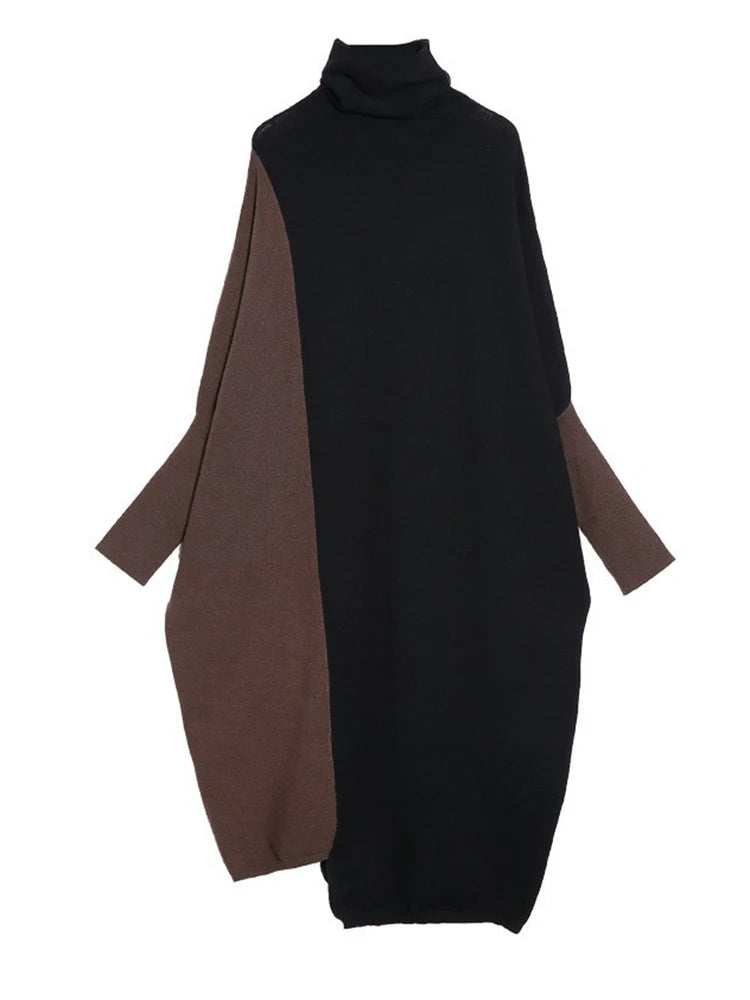 [EAM] Women Coffee Color-block Big Size Long Sweater Dress New Turtleneck Long Sleeve Fashion Tide Spring Autumn 2026 1DJ2393