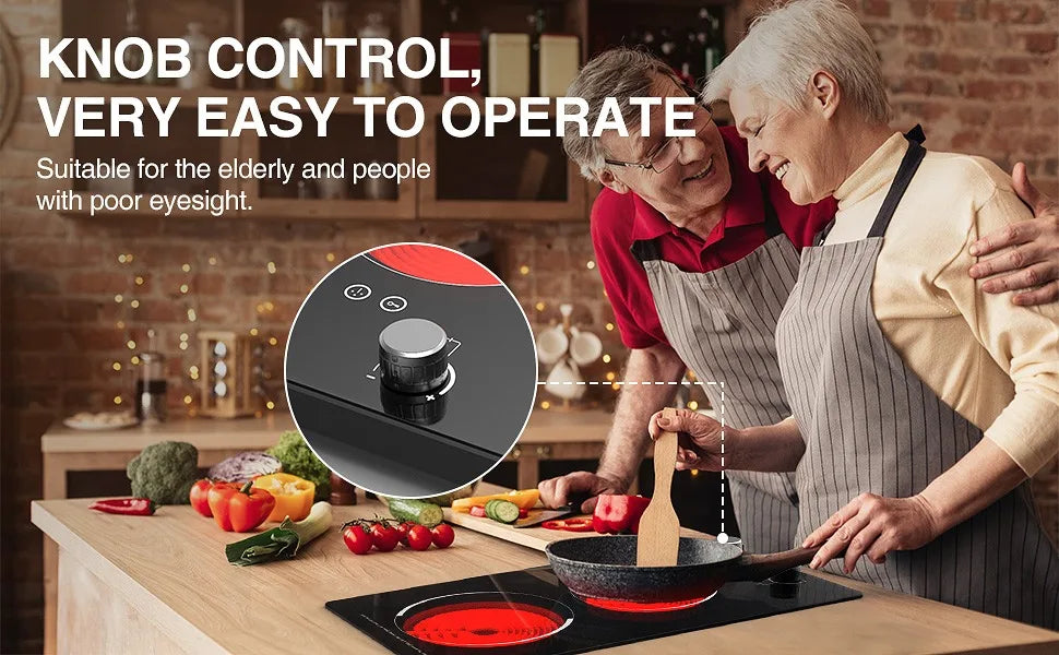 Electric Cooktop 2 Burners Knob Control Countertop Built-in Ceramic Cooktop