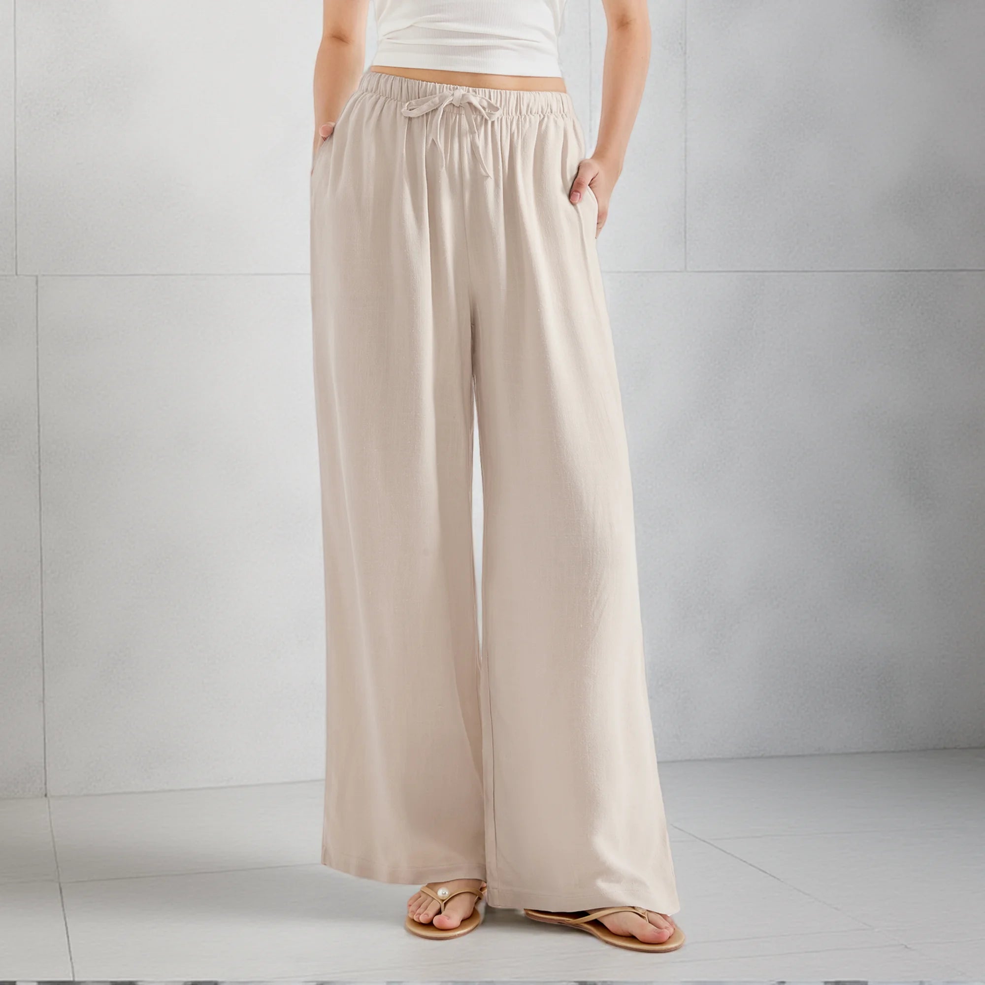 Loose Wide Leg Casual Pants Women's  Korean Linen Office Lady Household Trousers Drawstring Straight Leg Long Pants Femme