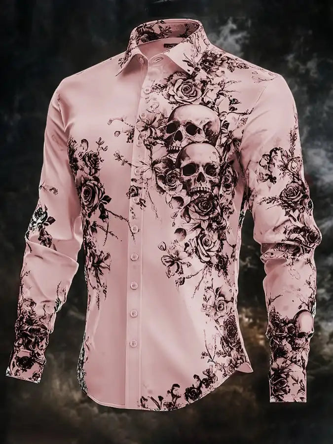2025 Halloween Theme Men's Halloween Costumes Skulls Shirt Button Up Shirt Casual Dress Shirt Long Sleeve Dark Gothic Style Tops