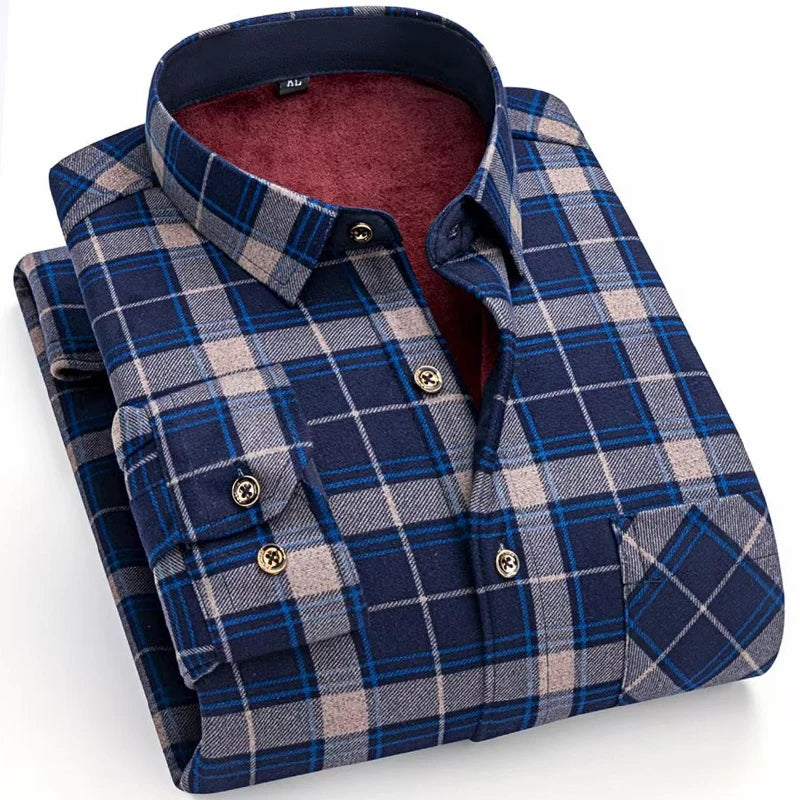 Winter Warm Shirts For Men Regular Fit Thicker Velvet Top Blouse Asia Plus Size Big Plaid Casual Clothing Long Sleeves Shirts