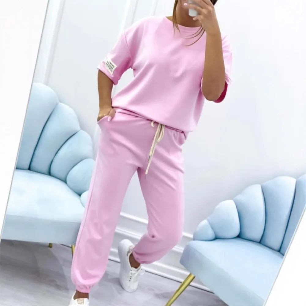 Fashion O Neck Short Sleeve Solid Color T-shirt Women Trousers 2-piece Set Summer Casual Sports Elastic Small Feet Trousers Suit