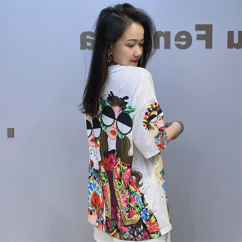 Colorful Fashion Printed T Shirts Women Summer Clothes Casual Character Diamonds Beading Short Sleeve Tops Tee Женская Одежда
