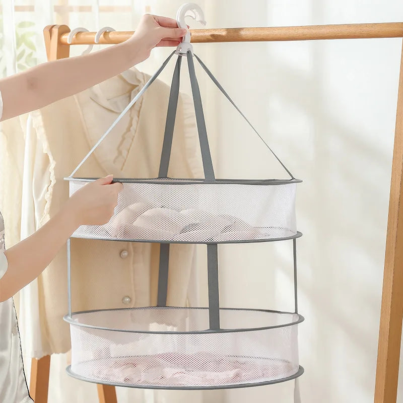 1/2 Layer Clothes Dryer Basket With Hanging Hook Fine Mesh Polyester Household Towels Foldable Baby Sweater Drying Rack For Home