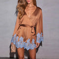 Sexy Chic Brown Lace Satin Womens Dress Spring Deep V Neck Hollow Mini Dress Autumn Long Sleeve Sashes Homewear Night Gown Mujer