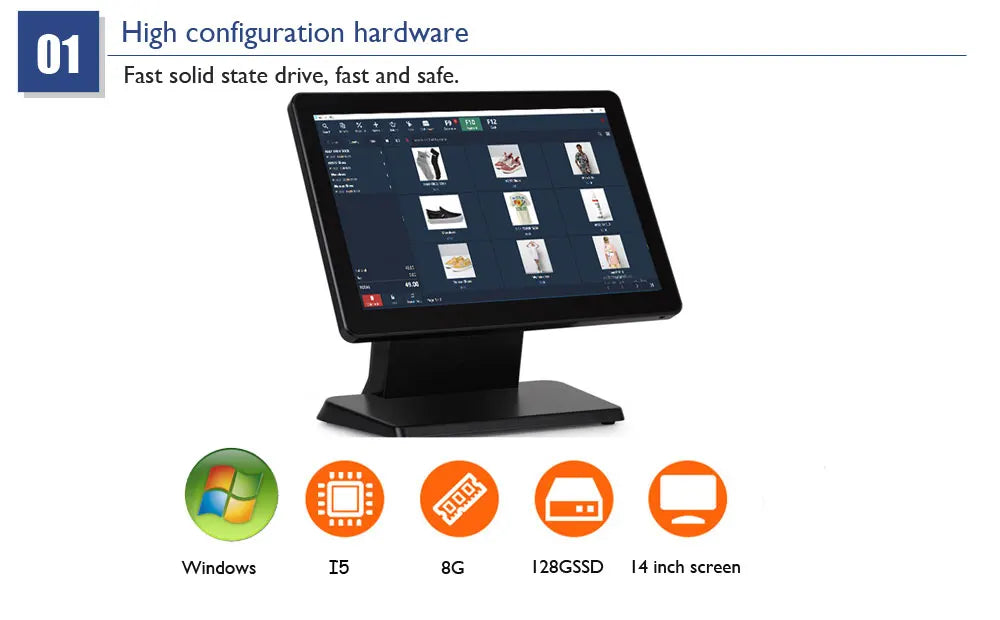All in One POS System Cash Register 14 Inch Touch Screen With Printer, Scanner and Cash Box