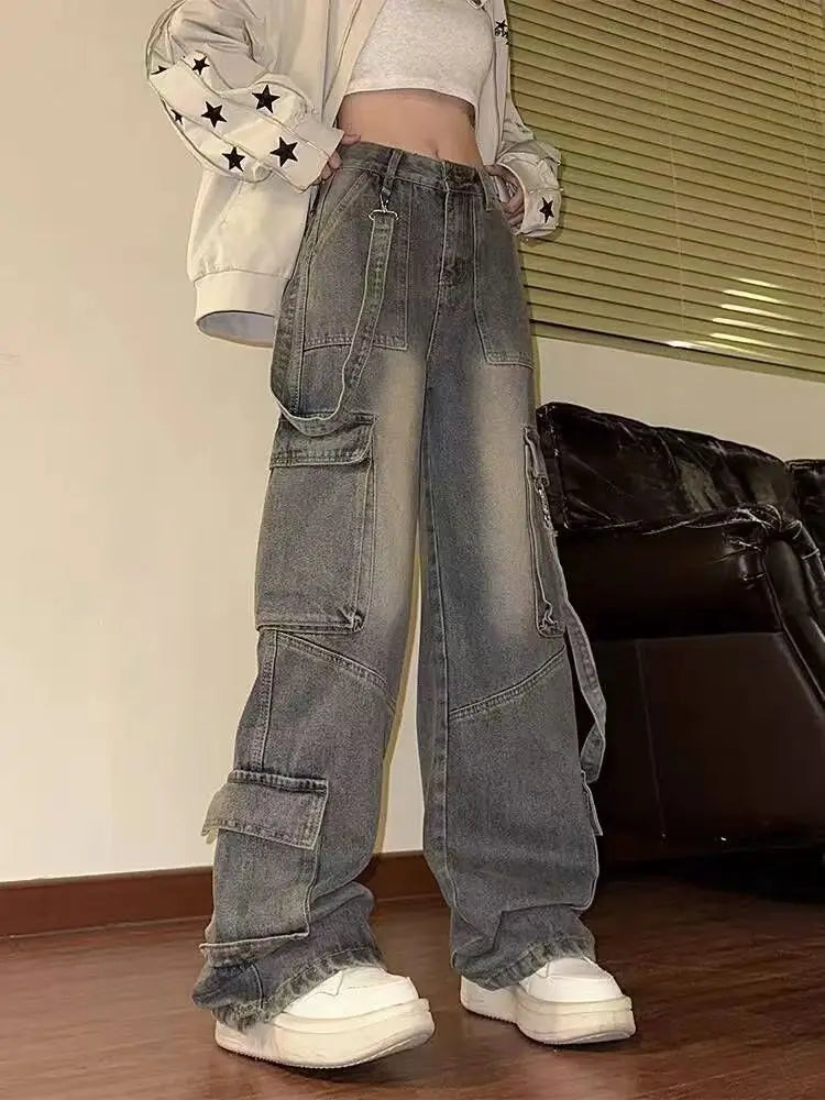 American Vintage Washed Multi-Pocket Cargo Jeans for Women High Waist Streetwear Loose Wide Leg Trendy Designer Denim Trousers