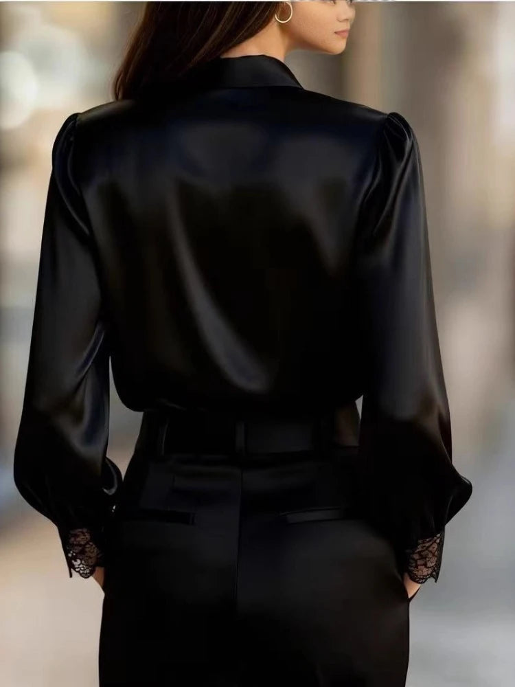 Casual Turndown Collar Office Lady Satin Blouse Fashion Long Sleeve Solid Color Lace Shirt Spring Elegant Women's Clothing