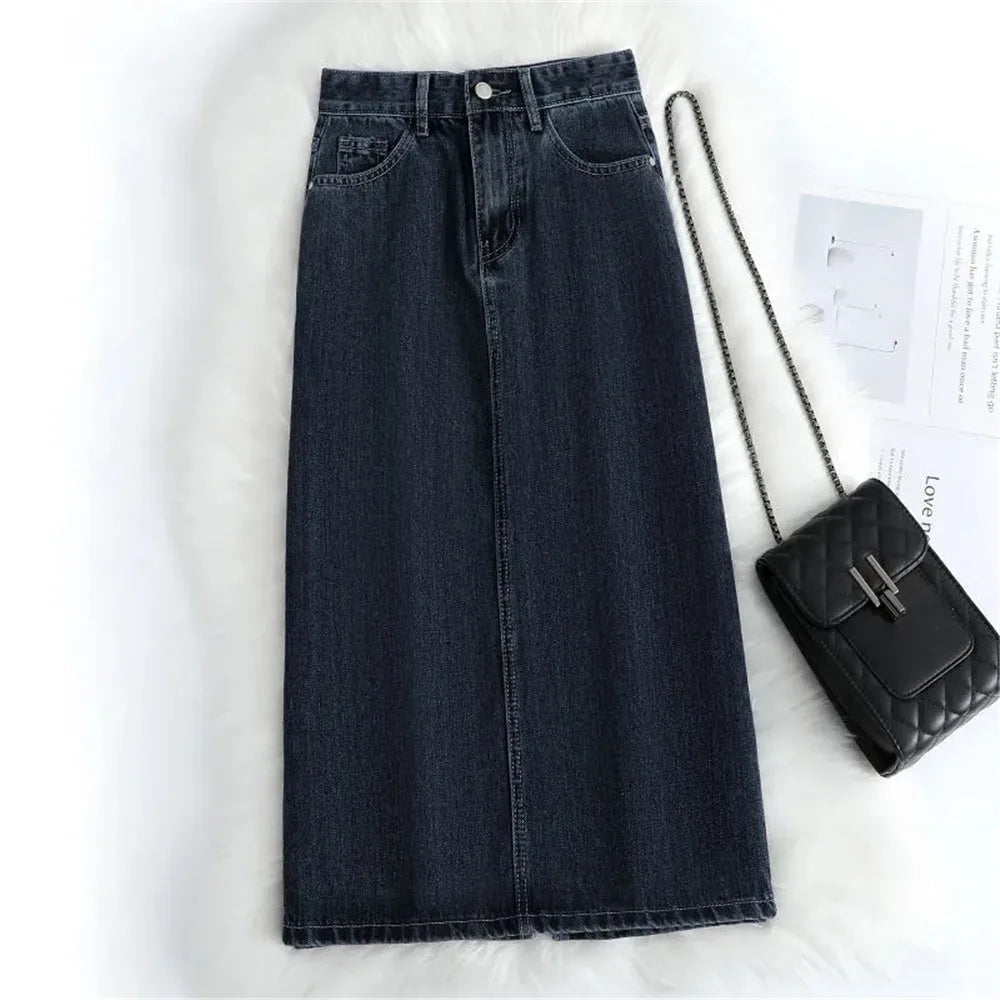Women Denim Skirt Spring A Line Summer High Waist Loose Split Hem Dark Blue Chic Casual Streetwear Jean Midi Skirt Streetwear