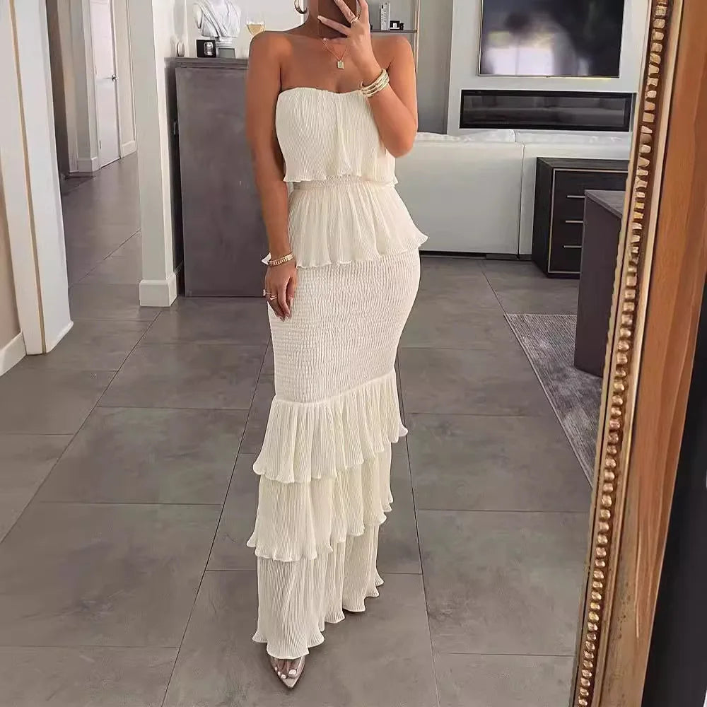 Womens Dresses 2024 Summer Fashion Temperament Solid Color Sexy Bandeau Sleeveless Slim Fit Shirred Ruffle Layered Long Dress