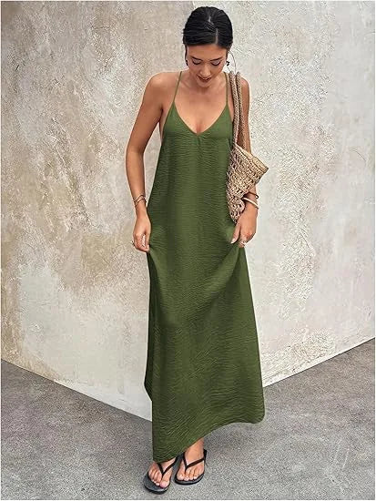 Women's New Solid Color Spaghetti Strap Deep Backless Loose Flowy Maxi Dress Elegant Comfort Casual Trendy Versatile Daily Dress