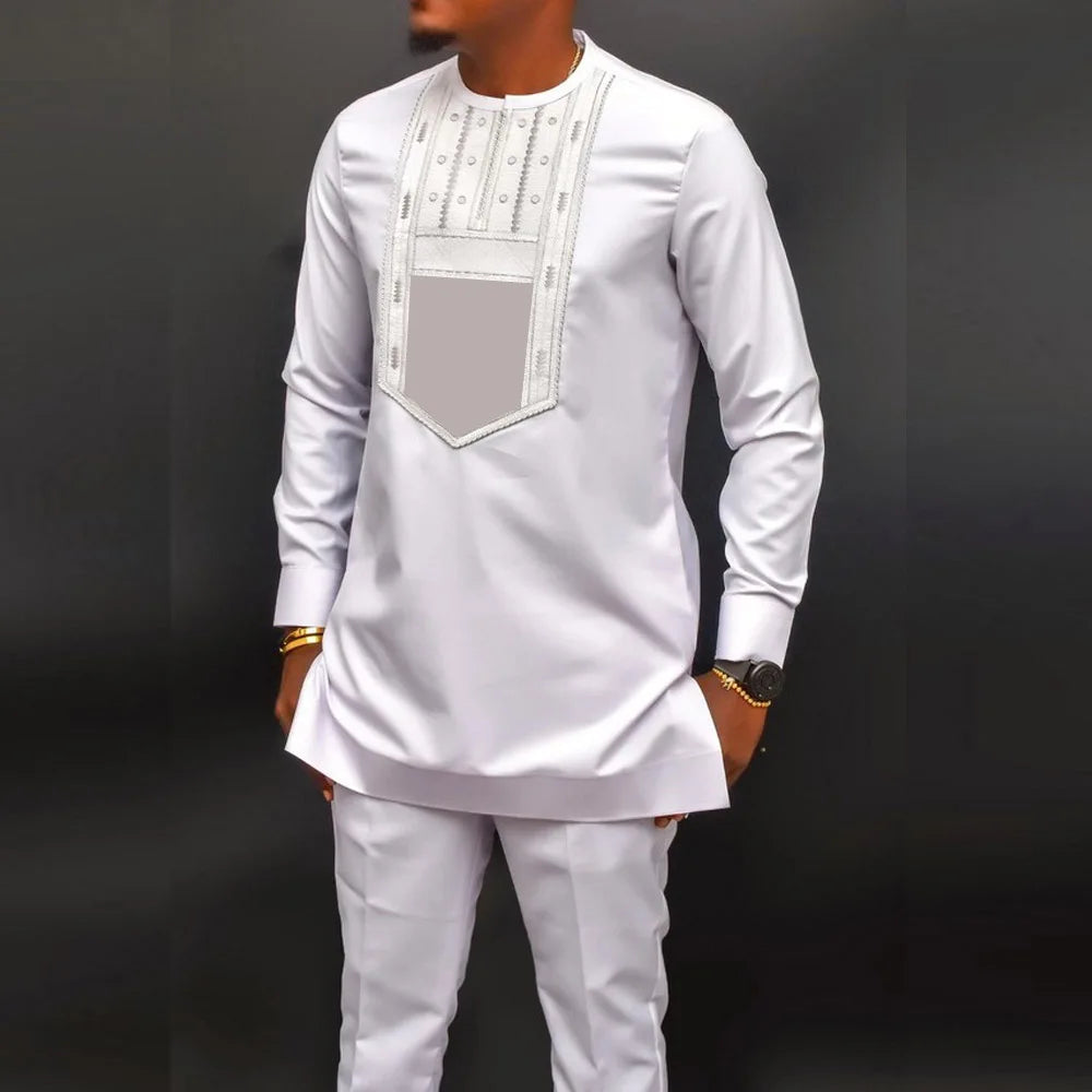 Kaftan Elegant Men's Suit Long Sleeve Ethnic Style Casual EmbroideryTop And Pants 2PCS Sets African Fashion Traditional Outfits