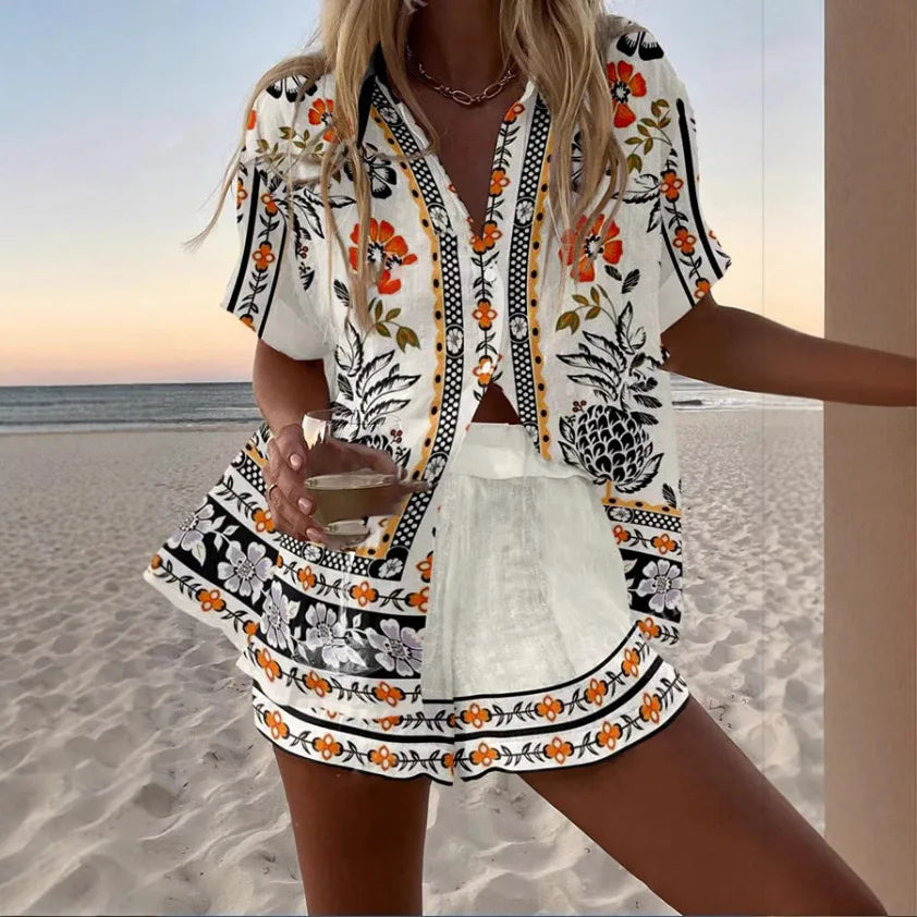 Fashion Print Beach Holiday 2-Piece Set Women Summer Short Sleeve Shirt Top + Wide Legs Short Women's Oversized Two-Piece Outfit