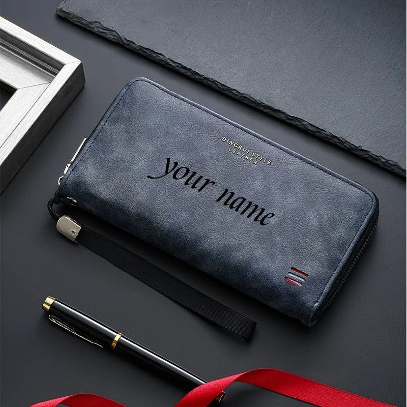 Customized Name Men's Long Handheld Wallet Multiple Card Slots with Small Coins Pocket for Mobile Phone Cash Cards Daily Storage