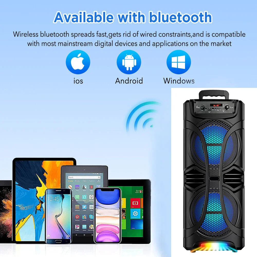 6000W Portable Party Bluetooth Speaker Sound System  Rechargeable Outdoor Loud Karaoke Dual 8 " Speaker