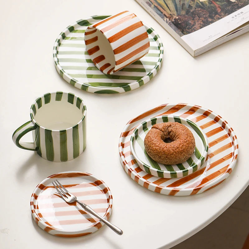 European Striped Ceramic Coffee Cup Saucer Modern Breakfast Dessert Plate Tea Cup Decorative Art Striped Coffee Cup 200 Ml Decor