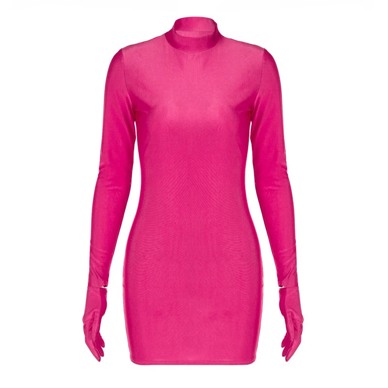 Solid Long Sleeve Mini Dress with Gloves Sexy Streetwear Party Outfit Half Turtleneck Bodycon Y2K Style Wholesale