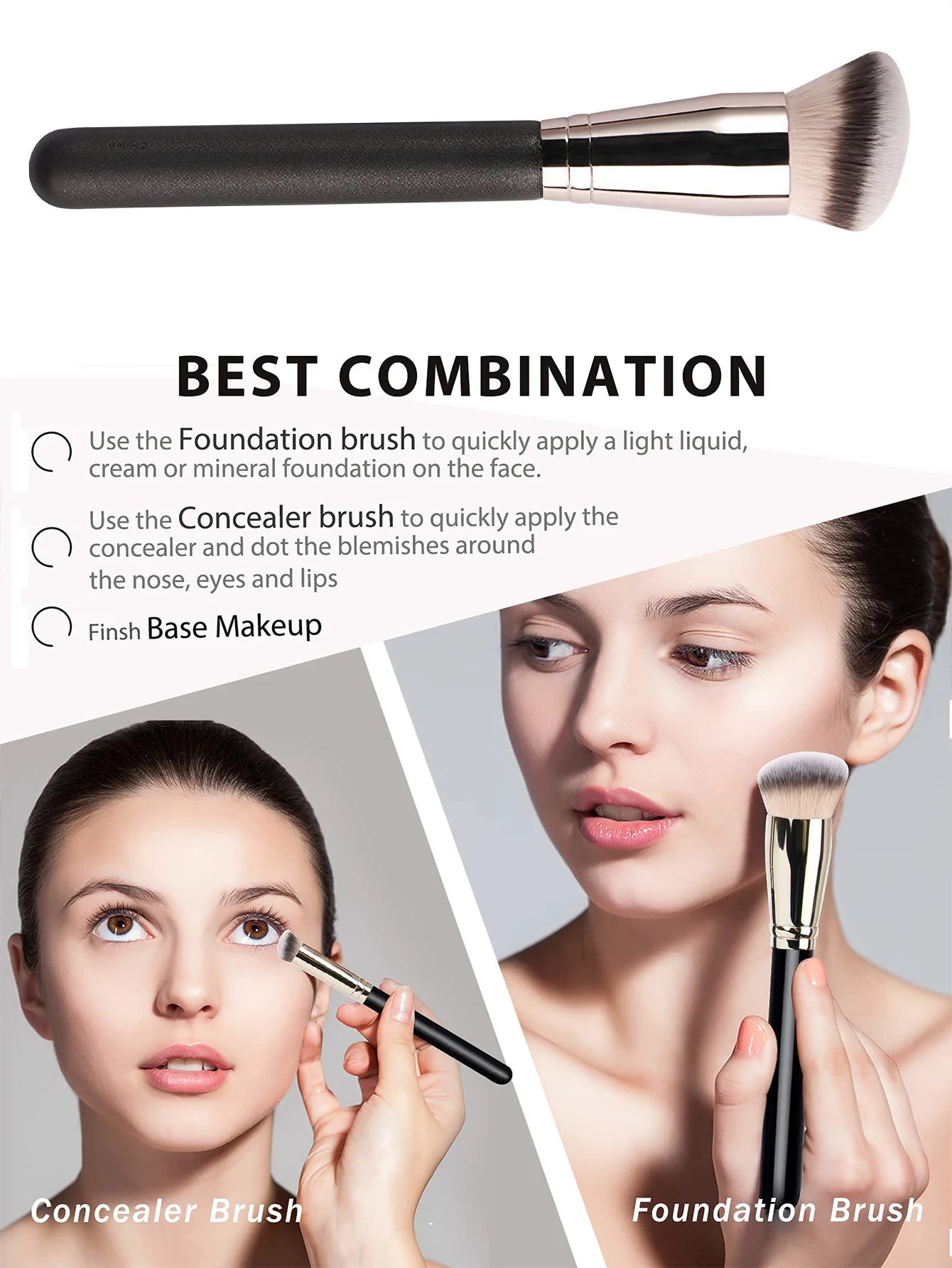 3 PCS Makeup Brushes Set Includes Foundation Brush, Flawless Concealer Brush, Powder Brush