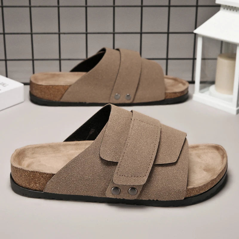 Men's Cork Slippers Suede Leather Clogs with Open Upper Comfort Footbed Adjustable Sandals Slides Indoor Home Shoes Women Couple