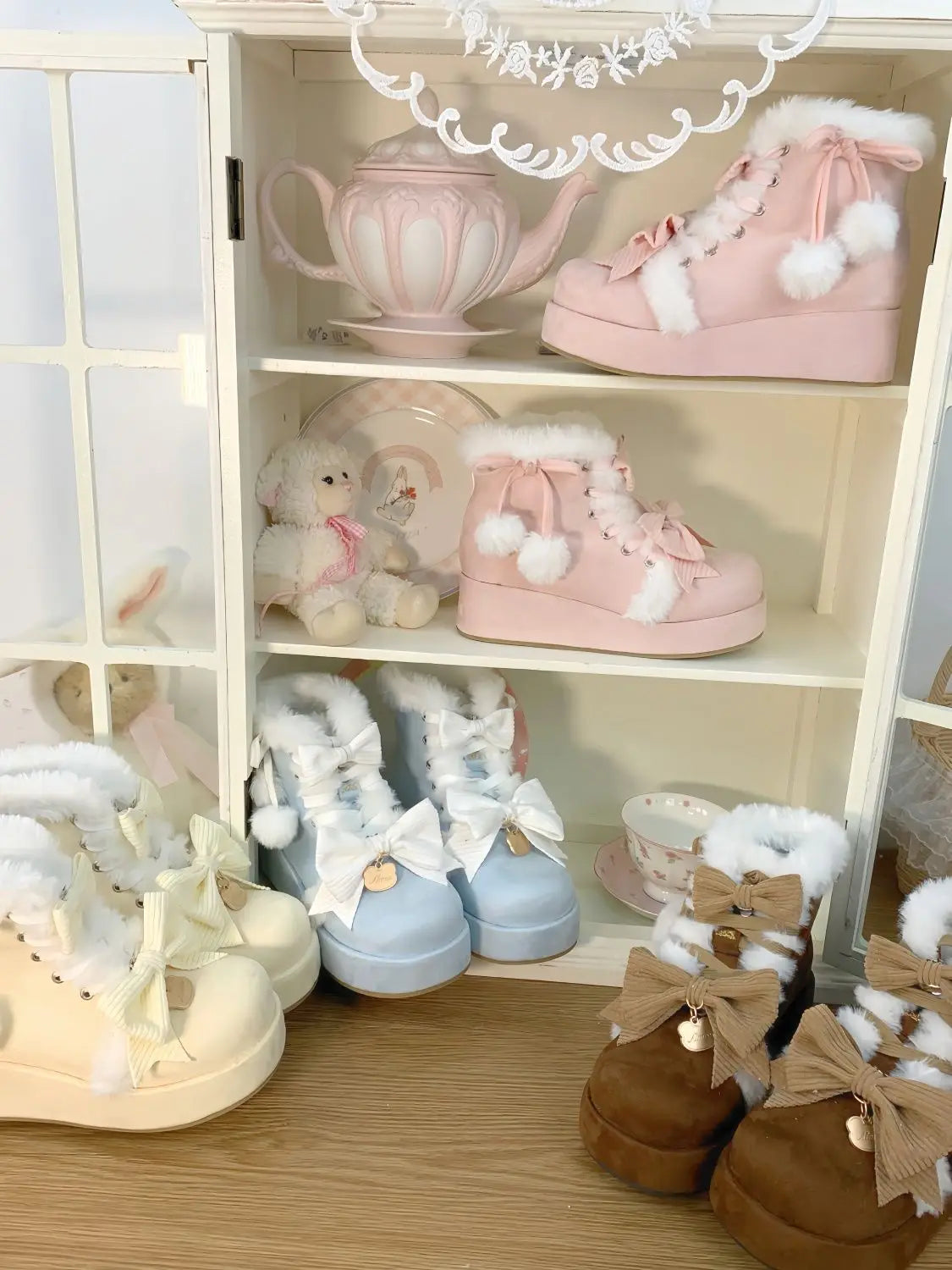 Sweet Girls Lolita Winter Snow Boots,Students Cute Plush Warm Bowknots PU Leather Lace Up Heightening Platform Shoes