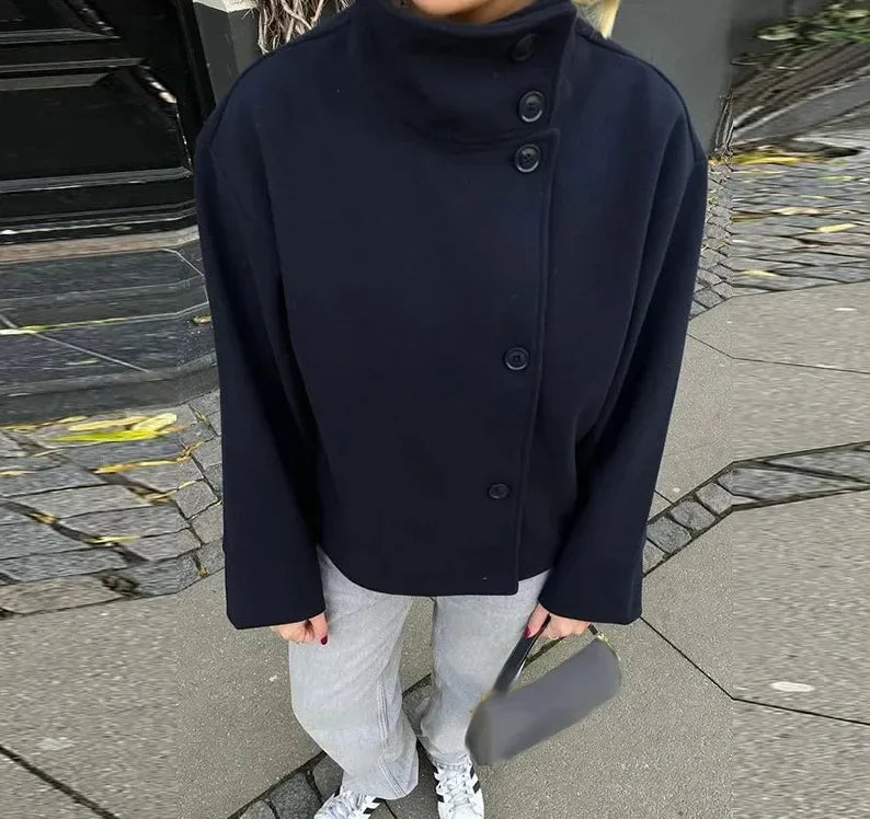 Autumn Stand Collar Jackets for Women Loose Woolen Fabric Single-breasted Coat Women Solid Color Versatile Short Jacket Women