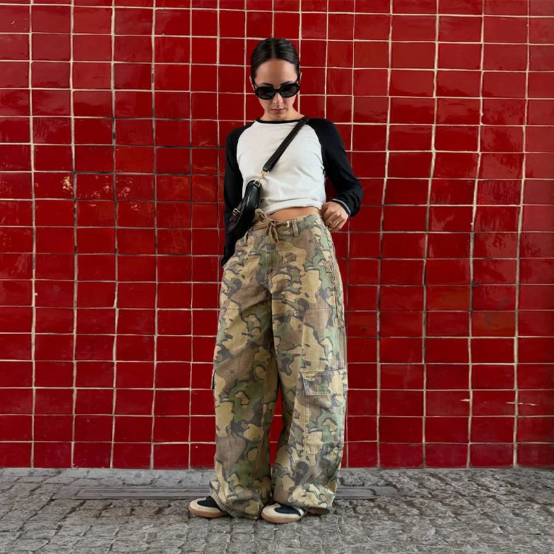 Camo Print Drawstring Waist Women Pants Wide Leg Loose Cut Drawstring Hem Relaxed Fit Casual Trouser Streetwear 2026 New Fashion