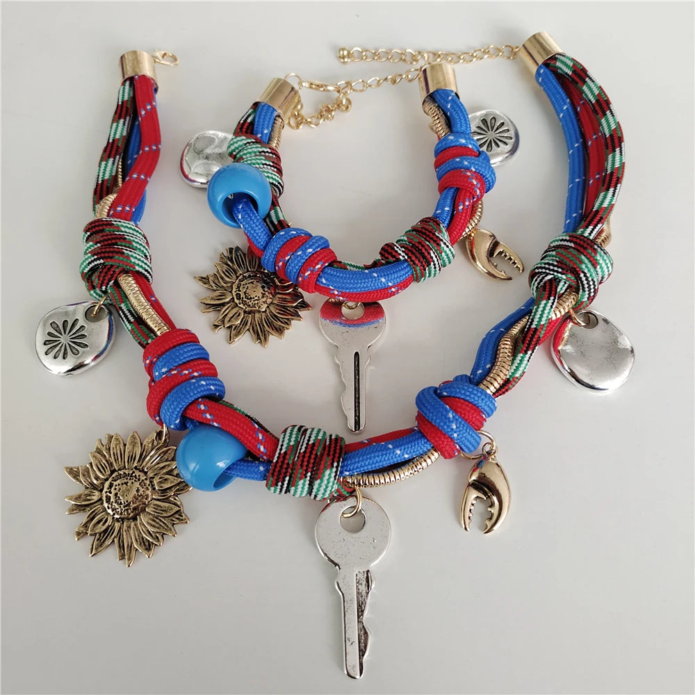 Fashion Trend Retro Sun Key Pendants Hand Woven Rope Choker Necklace Women Indian Ethnic Vintage Statement Necklace Lady Jewelry