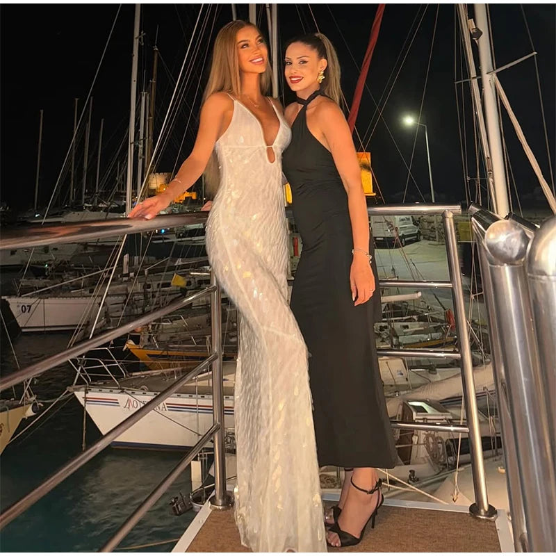 Women Sequin Sling Maxi Dress V-neck Solid Backless High Waist Sleeveless Dresses 2025 Fashion New Summer Lady Party Robes