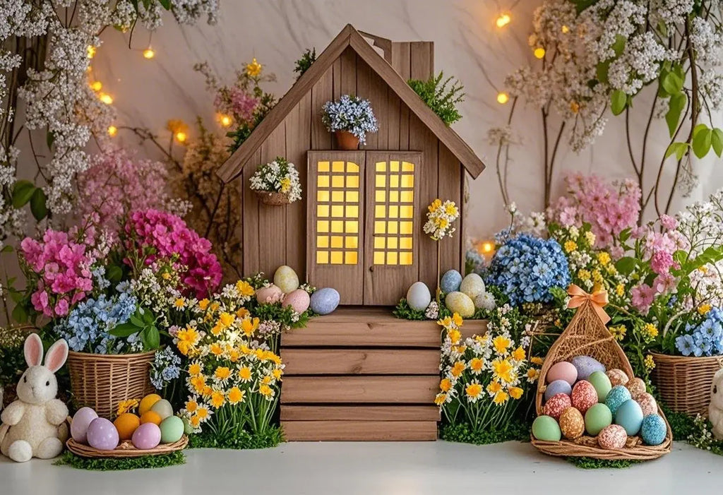 Happy Easter Day Photography Background Blue Wood Board Easter Egg Spring Flower Rabbit Kid Birthday Portrait Photocall Backdrop