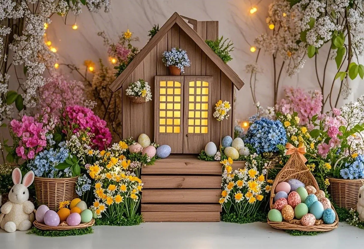 Happy Easter Day Photography Background Blue Wood Board Easter Egg Spring Flower Rabbit Kid Birthday Portrait Photocall Backdrop