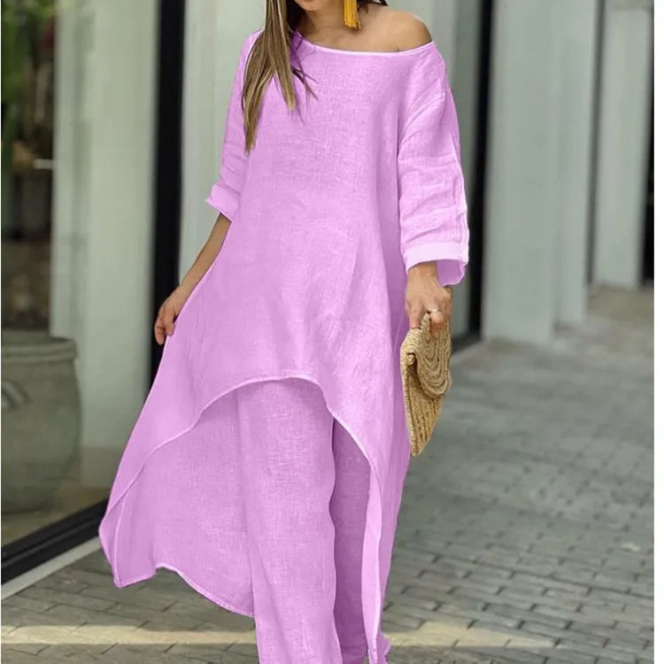 2025 Loose New In Matching Sets Two Piece Outfit 2 Pieces Set For Woman Solid Color Irregular Hem Long Sleeves Wide Legs Trouser