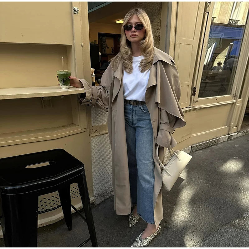 Casual Lace Up Long Trench Coat Women Chic Solid Color Full Sleeve Lapel Windbreaker 2026 Fall New Fashion Loose Commute Jackets