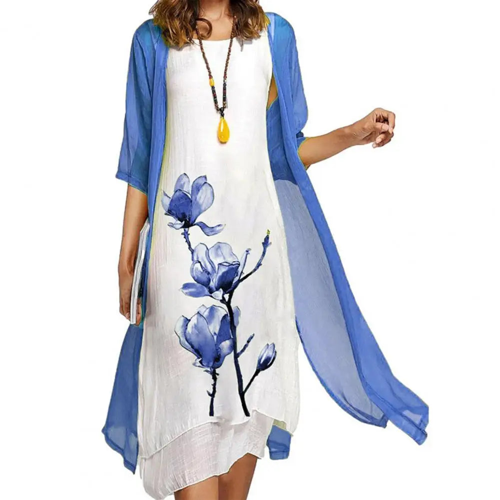 Flower Print Elegant Dress Shawl Coat Set Irregular Hem Dress Cardigan Coat Set Women Two-piece Mid Length Dress Coat Set 80%