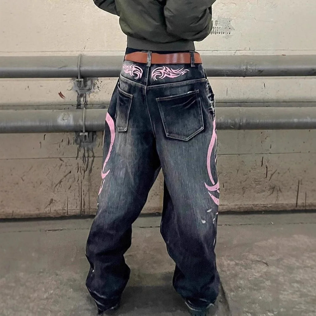 Mottled Totem Print Loose Jeans for Women Harajuku Trendy Hip-Hop Jeans Y2K American Retro High-Waist Wide-Leg Jeans for Women