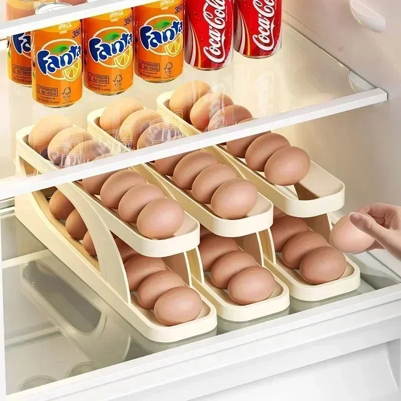 Double Layers Egg Storage Box Refrigerator Automatic Rolling Slide Egg Rack Refrigerator Side Door Freshness Box Kitchen Storage